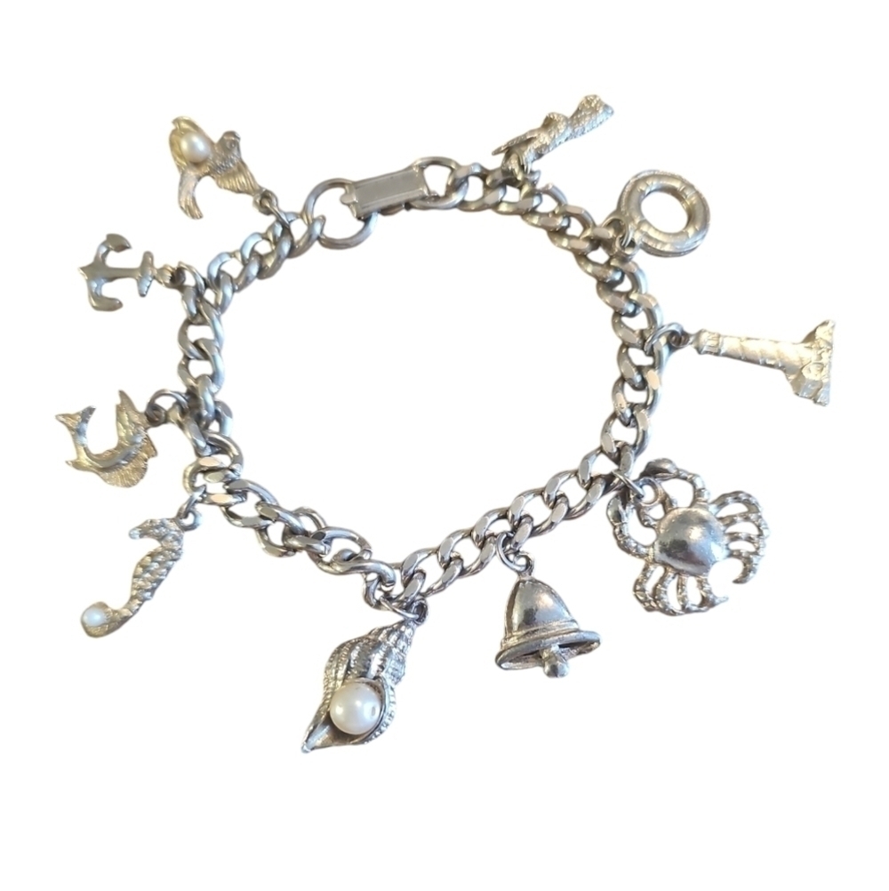 Chunky Charm Bracelet, Vintage Nautical Ocean Vacation Theme, Silvertone
